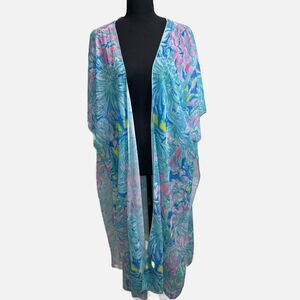 Hibluco Colorful Floral Duster Sheer Kimono Resort Boho Festival Beach Sz Large